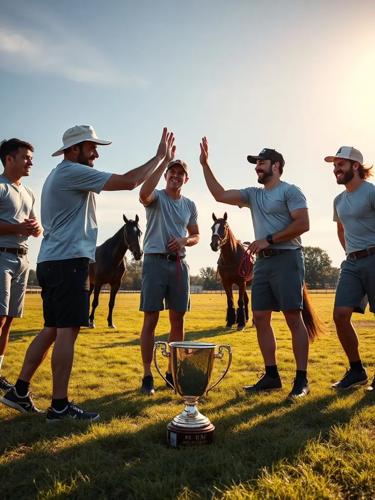 A scenic image of a horseball team celebrating a victory, highlighting the camaraderie and sportsmanship within the ELAHB community.