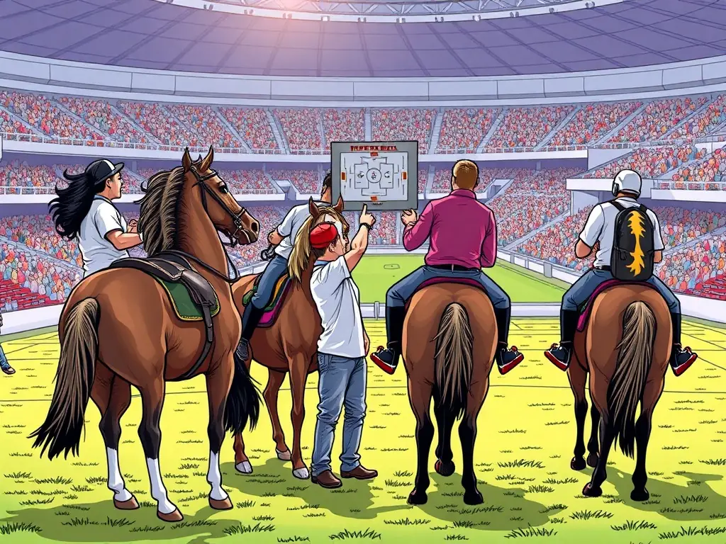 A dynamic image of ELAHB team members strategizing during a horseball match, emphasizing the importance of teamwork.