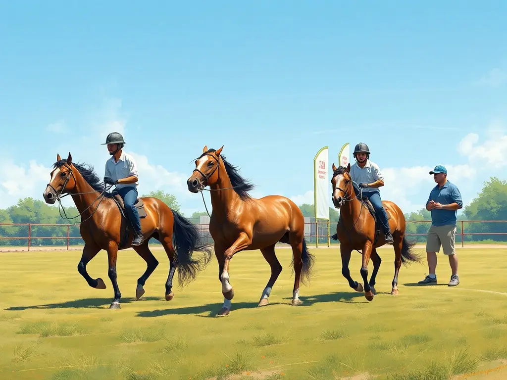 A dynamic action shot of horseball players in a training session, showcasing teamwork and skill development under the guidance of experienced coaches.