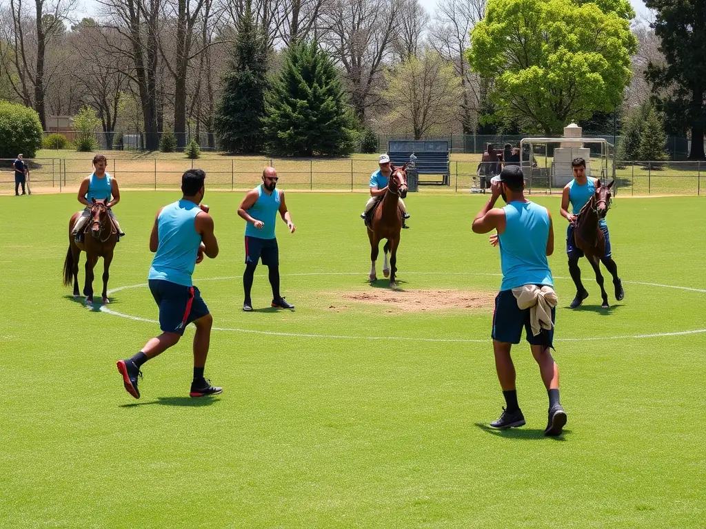 A vibrant image of ELAHB members participating in a horseball training session, showcasing teamwork and skill development.