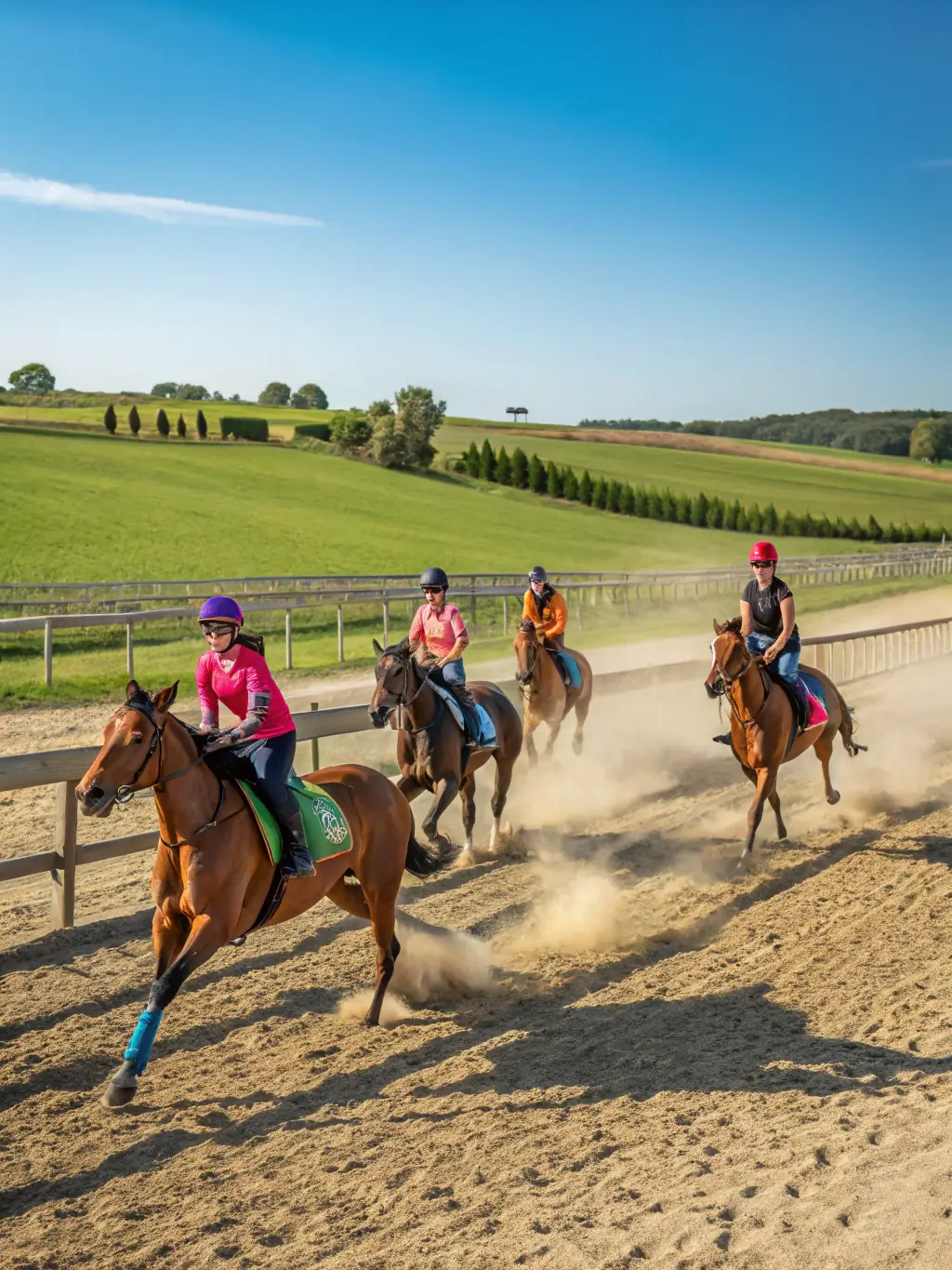 A vibrant image of a horseball training session, showcasing riders passing the ball mid-gallop, with the coach observing and providing feedback.